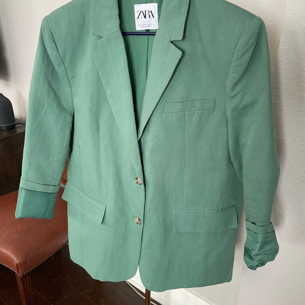 Zara Linen Blend Menswear Style Oversized Green Suit Jacket Blazer